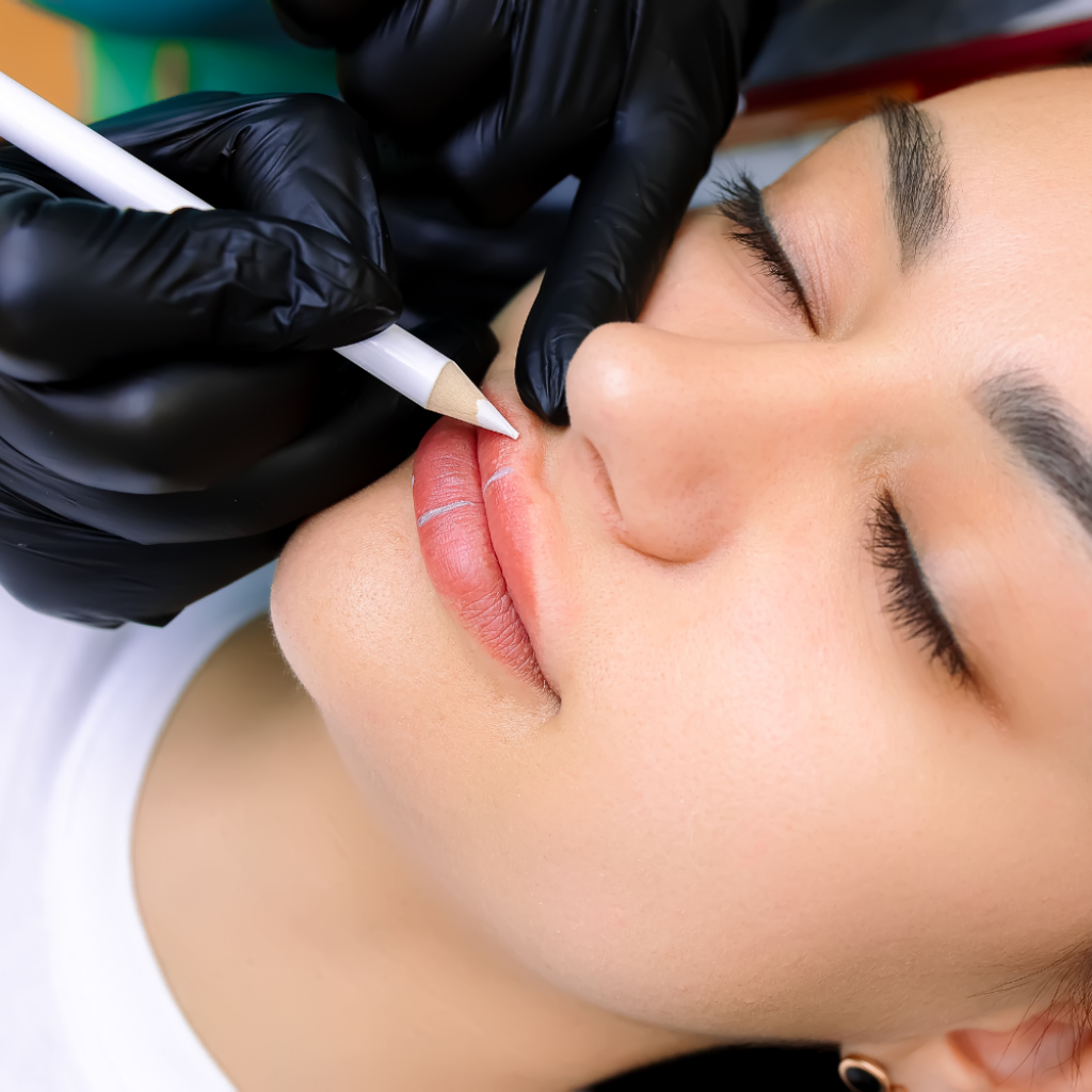 Permanent Make-up Lippen Behandlung – PMU Spezialistin markiert  Lippenkontur und Schattierungen für natürlich volle und symmetrische Lippen in Basel Pratteln und Oberwil.